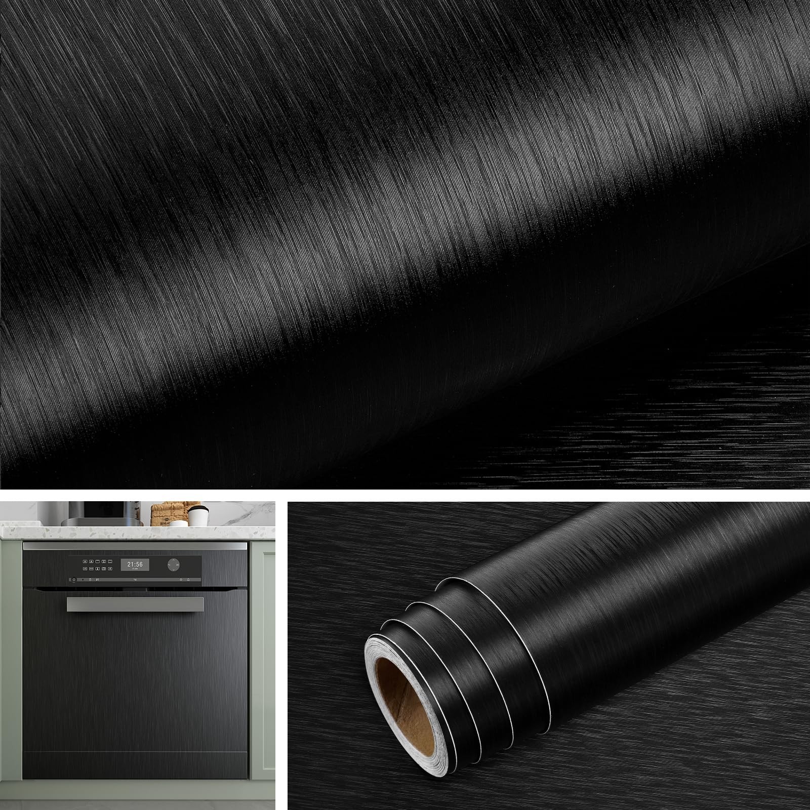 Papier adhésif pour meuble de cuisine noir effet acier brossé pour rénover une crédence 40cm x 5m