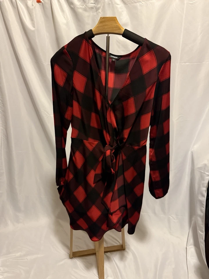 Express Red & Black Buffalo Plaid Knot Front Tie Holiday/ Winter Dress - Image 2 of 4