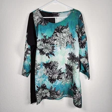 Citron Silk Tunic Top Art to Wear Floral Aqua Black Semi Sheer Side Jacquard Med