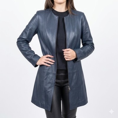 Stylish Women's Navy Blue Genuine Handmade Fit Real Lambskin Leather Trench Coat
