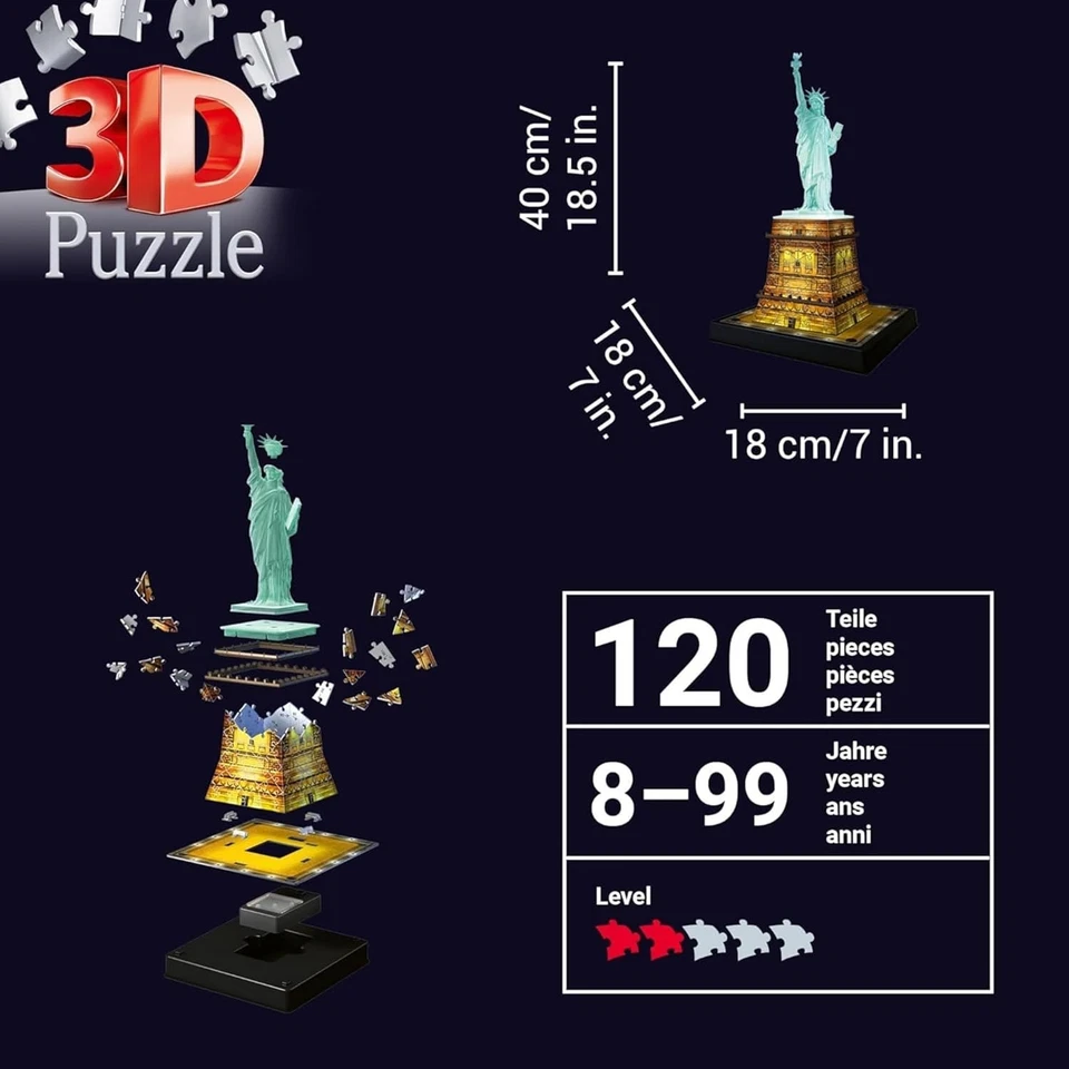 Ravensburger Puzzle 3D Statua Liberta' Night Edition Con Led Pz 108 12596 - Immagine 3 di 4