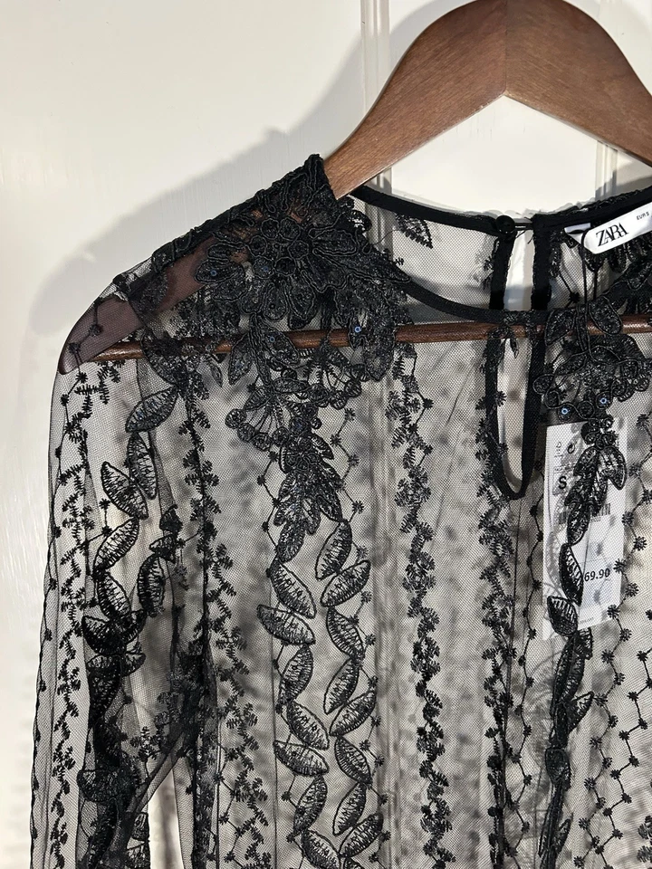 Zara Sheer Mesh Embroidered Sequined Boho Dress Womens Size Small Black NWT - Image 4 of 4