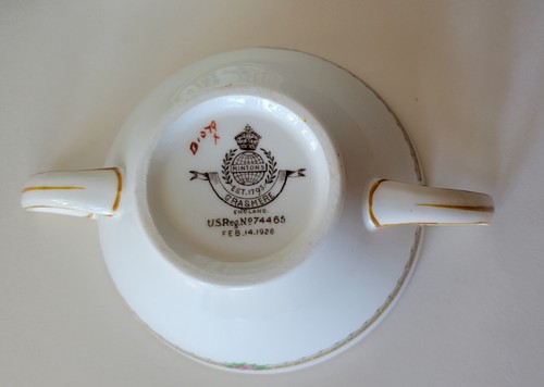 MINT Minton GRASMERE Double Handle Cream Soup Bowl Saucer England 74465 Yellow - Picture 7 of 7