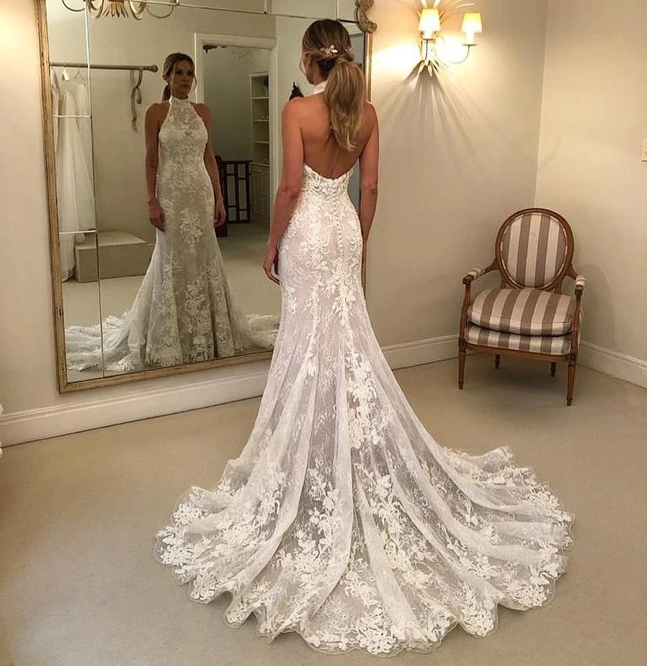Mermaid Wedding Dresses Halter Neck Backless White Ivory Sweep Train Bridal Gown - Image 3 of 4