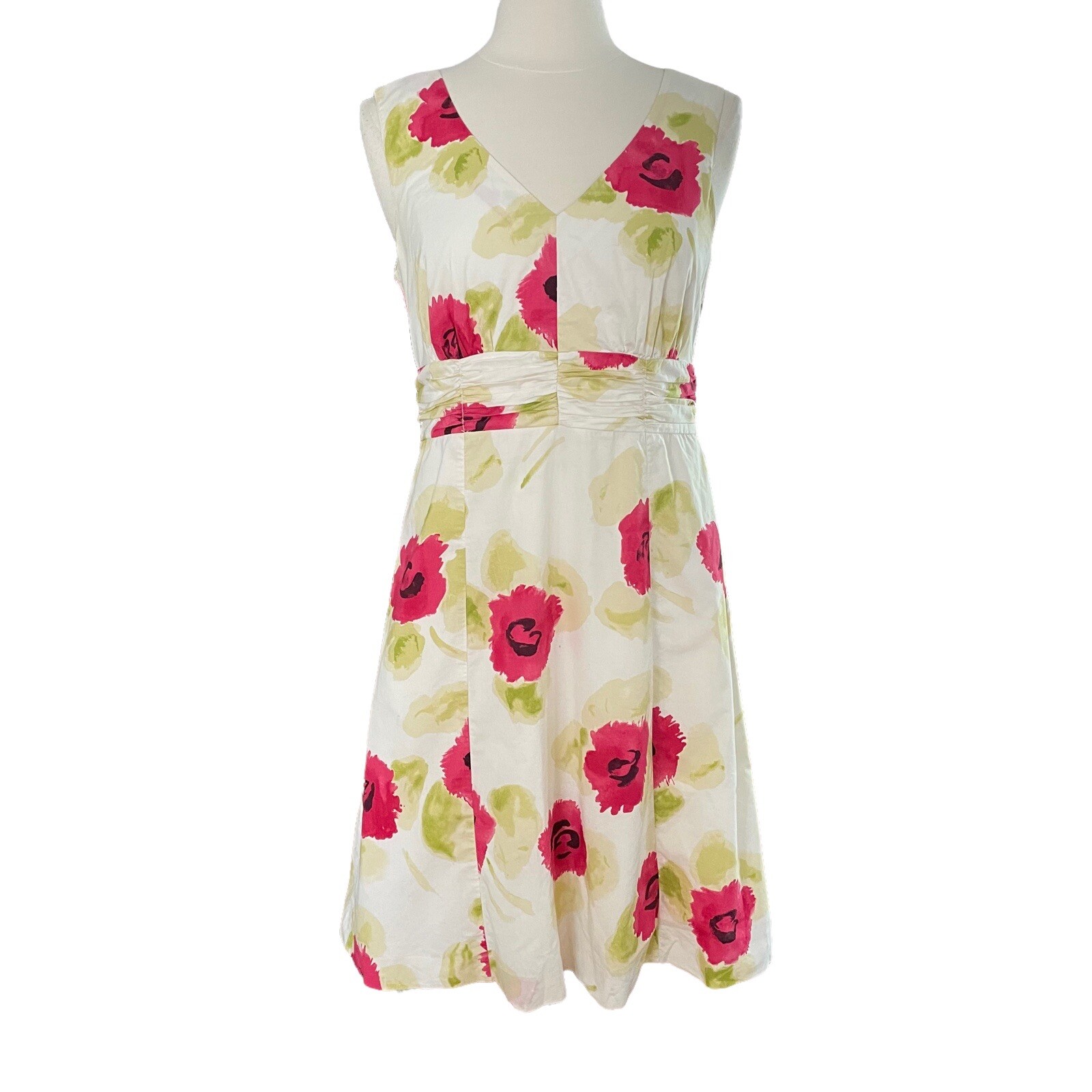 Boden Poppy Print Cotton Dress Sz 8 Womens Fit and Flare Sleeveless Lined Ruched