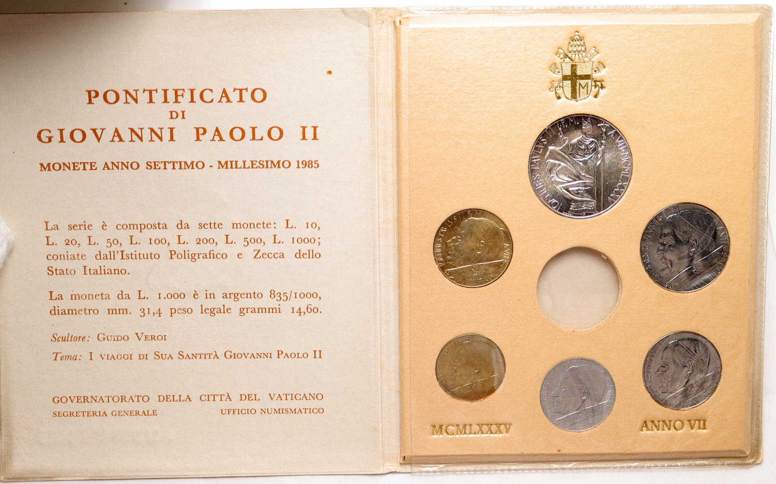 1985 VATICAN Pope JOHN PAUL II Silver Italy 1000L 200L Set of 6 Coins ...
