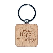 Happy Holidays Christmas Holly Festive Text Engraved Wood Square Keychain