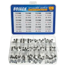 BOJACK 12 Values 120 pcs Slow Blow Glass Fuses Assortment Kit  Assorted Styles 