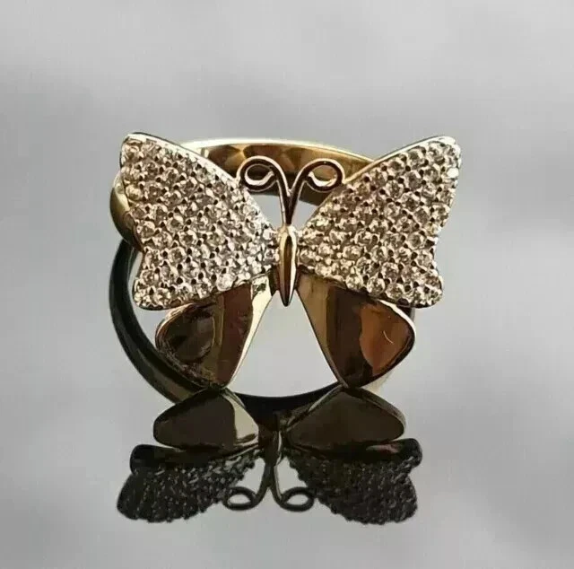 Precioso anillo mariposa de diamantes simulados de corte redondo de 2 quilates enchapado en oro amarillo de 14 k Foto 4 de 4