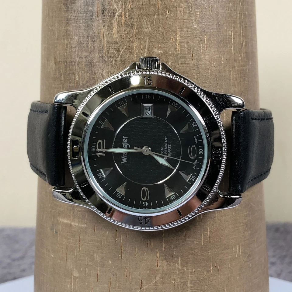 Wrangler Hero Men 91632 Dress Date Black Leather Quartz Analog 38mm Watch 8 3/4" - Image 2 of 4