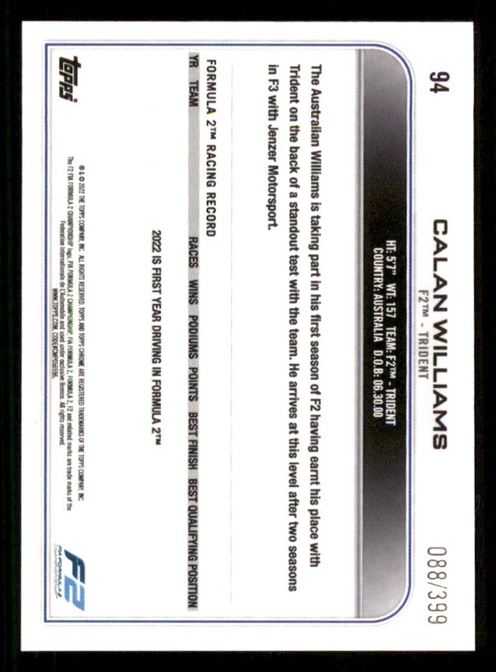 2022 Topps Chrome Formula 1 Purple Refractors #94 Calan Williams /399 - Image 2 of 2