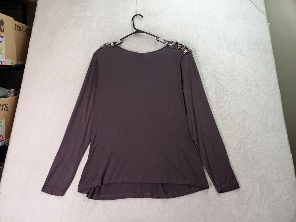 Blusa Top Mujer Marc Bouwer 1X Gris Rayón Mangas Largas Capucha Cuello Cuentas Plisado Foto 2 de 4