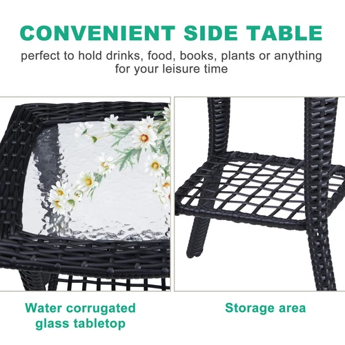 Outdoor Wicker Side Table Rattan End Table with Glass Top for Patio Black - Picture 8 of 12