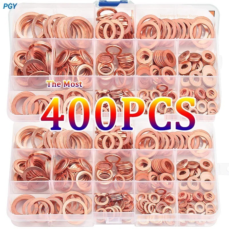 400PCS Copper Crush Washer Assortment Kit M5-M14 Metric Copper Sealing Washers