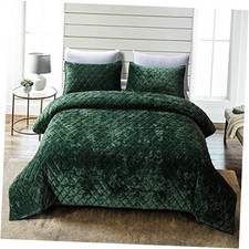 Distressed Velvet Quilt Set, 3 Pieces Distressed Velvet Queen Blackish Green
