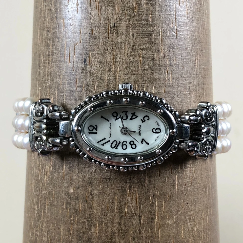 Vernier Mujer Vestido MOP Imitación Perla Pulsera Ovalada Cuarzo Analógico 21mm Reloj 7 1/4" Foto 2 de 4