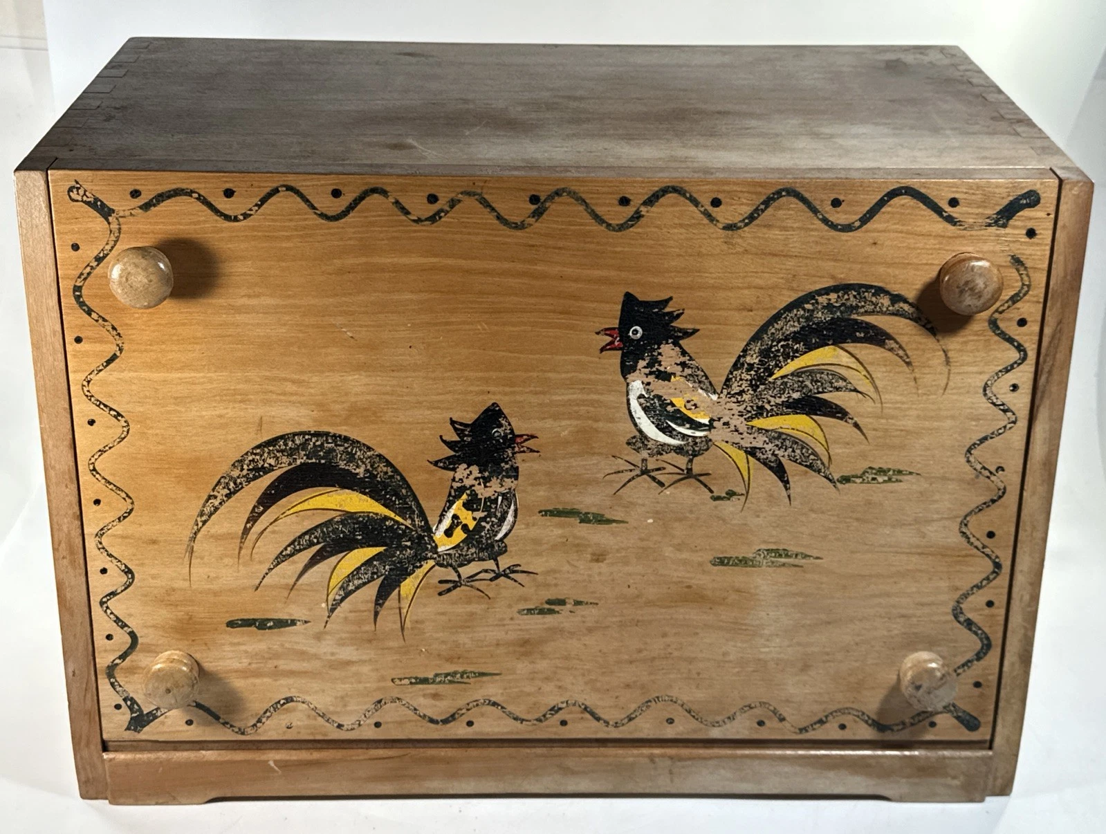 Vintage Wooden Bread Box Drop Door Hand Painted Rooster Woodpecker Woodware
Opens in a new window or