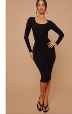 PRETTY LITTLE THING Stretch Long Sleeve Bodycon Scoop Black Midi Dress US 4 XS/S