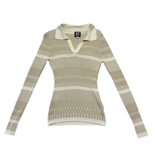 ANR+ Alp n Rock Rib Knit Polo Sweater Womens Size M Beige Cream Striped Ski