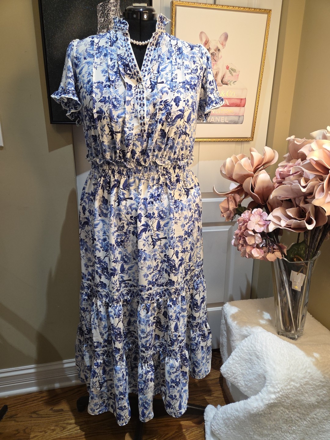 NWT 3X Max Studio Women's Plus Size Blue Floral V-Neck 3 Tiered Maxi Dress