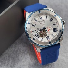 Bulova Marine Star 98A225 Automatic Men's Watch White Dial Blue Rubber Strap
