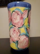 Vintage Kelly Jo Signed Studio Pottery Pink Rose Vase 8" H X 3.25" W Made In USA