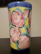 Vintage Kelly Jo Signed Studio Pottery Pink Rose Vase 8" H X 3.25" W Made In USA