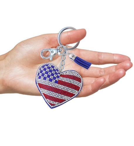 Aqua79 USA Flag Heart Keychain - Sparkling Rhinestones Charm, Tassel and Clasp - Picture 4 of 9