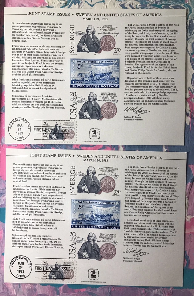 SWEDEN 1983 * BEP SOUVENIR CARDS *  * 3 Cards *  * Two 1st Day issue Cancelled - Image 2 of 3