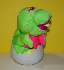 1992 Fisher Price PUFFALUMP Baby Neon Green Pink 7" Dinosaur Plush in Egg