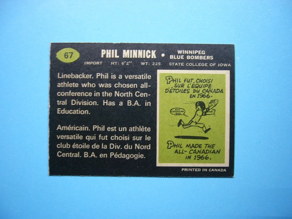 1970 O-PEE-CHEE CFL FOOTBALL CARD #67 PHIL MINNICK EX/NM NM SHARP!! '70 OPC - Image 2 of 2