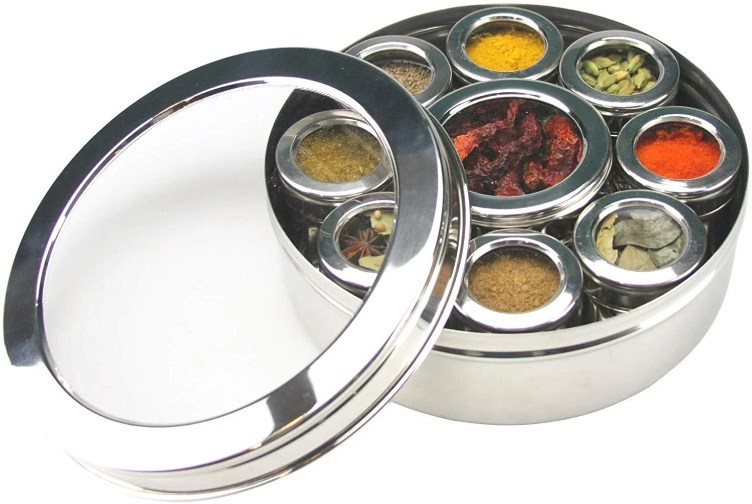 Authentic Indian Spice Tin Stainless Steel Masala Dabba LARGE Curry Cooking 9pc
Opens in a new windo