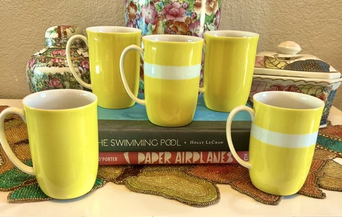 Set Of 5 Vintage Fitz And Floyd Yellow & White Mugs