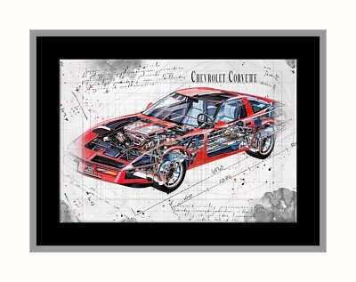 Line Tech Zeichnung Chevrolet Corvette Cutaway Kunst Posterdruck