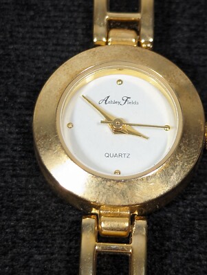 Ashley Fields White Dial Gold Tone Round Case Link Bracelet Band Watch