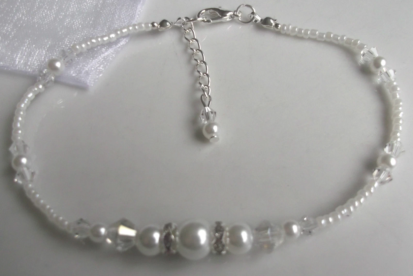 Stretch white glass pearl crystal beaded anklet ankle bracelet plus size bridal