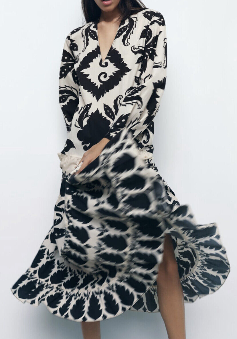 ZARA PRINTED DRESS WITH BELT BLACK WHITE NEW SS22 SIZES XS ZARA PRINTED DRESS WITH BELT BLACK WHITE NEW SS22 SIZES XS