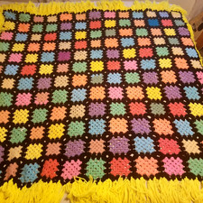 Hand Made Crocheted Afghan Multicolor Fringe Boho Lap Blanket 60x55 inches