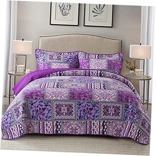 Cotton Bedspread Quilt Sets-Reversible Patchwork Queen Purple Classic Bohemian