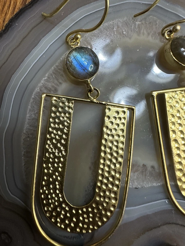 Natural Labradorite Stones In Artisan-crafted Brass Earrings 3.25” Long  - Image 2 of 4