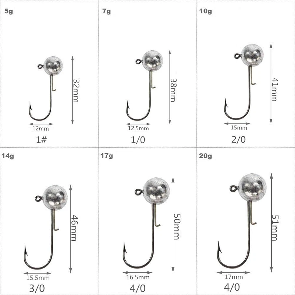 30 Pezzi Teste Piombate Gancio Ami Da Pesca per Esche Morbide 5G 7G 10G 14G 17G  - Immagine 3 di 4