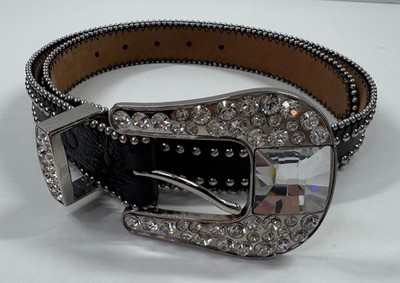 B.B. Simon Crystal Buckle on a Justin Boots Studded Leather Belt Bling Size 32