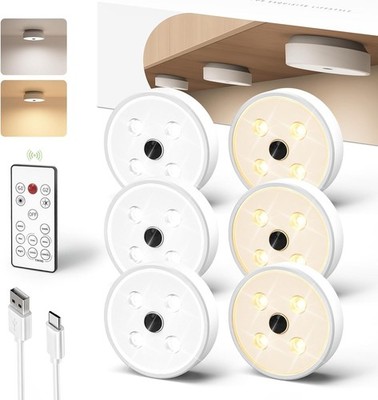 EZVALO Puck Lights w/Remote & Motion Sensor, 6Pack USB Rechargeable 2 Color Temp