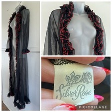 Vtg 1970s 80s SILVER ROSE Sheer Nylon Black Red Ruffle Long Robe Lingerie