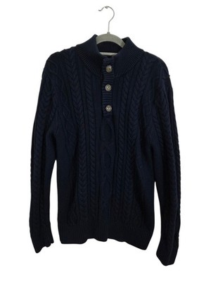 LL Bean Heritage Soft Cotton Fisherman Sweater Button Mock Neck Blue Medium