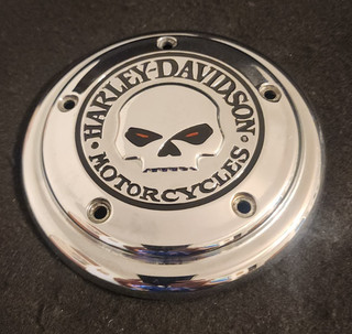 RARE HARLEY DAVIDSON WILLIE G SKULL DERBY COVER CHROME W/RED EYES