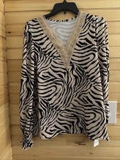 New Zebra Print Ruffle Long Sleeve Top Black Multi Size large V Neck