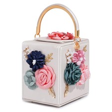 Floral Clutch Purse Square Box Evening Bag for Women Shoulder Bag Beige