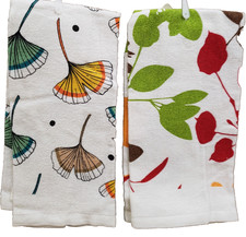 Set of 2 Same Printed Kitchen Terry Towels 15"x25" MULTICOLOR LEAVES 5, AM