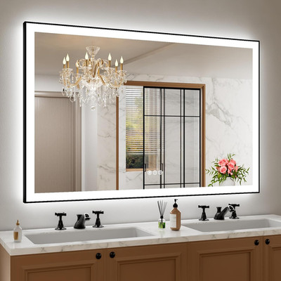 Dimmable 55'' X40'' LED Bathroom Mirror, Black Frame, Anti-Fog, 3 Colors